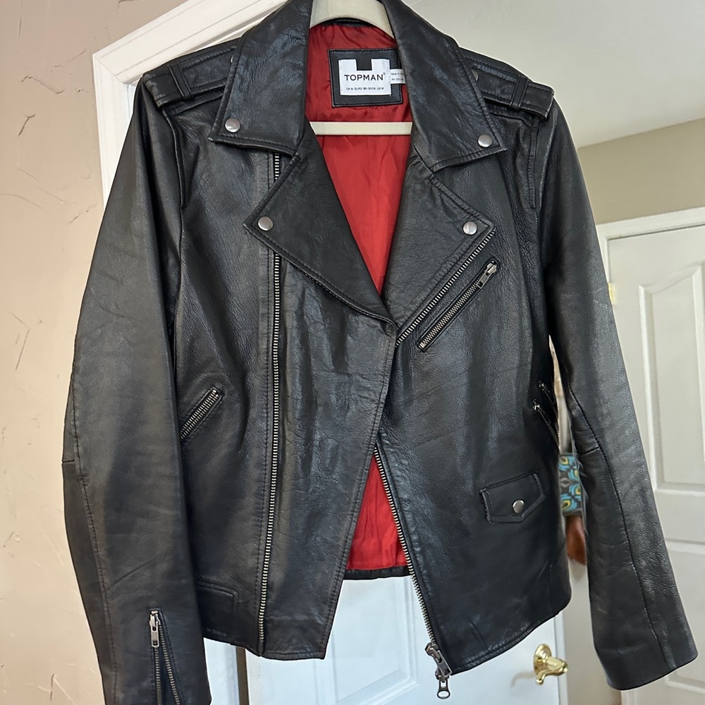Topman Black Leather Biker Motorcycle Jacket for Men